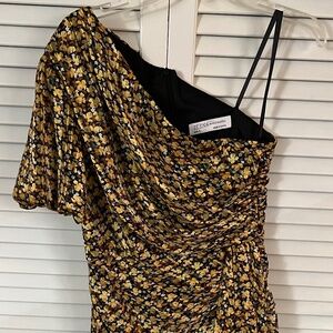 Mac Duggal Black Floral One Shoulder Ruffled Hem Dress 26905